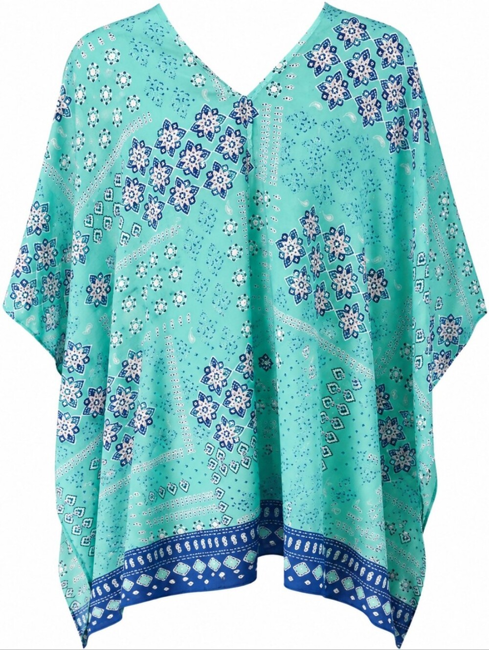 COLDWATER CREEK | Teal Blue Floral Summer Shawl Poncho Boho Wrap Swim Cover | XL